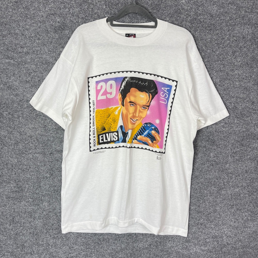 Vintage Elvis Presley Rock and Roll Singer USA Stamp Graphic T Shirt White Large